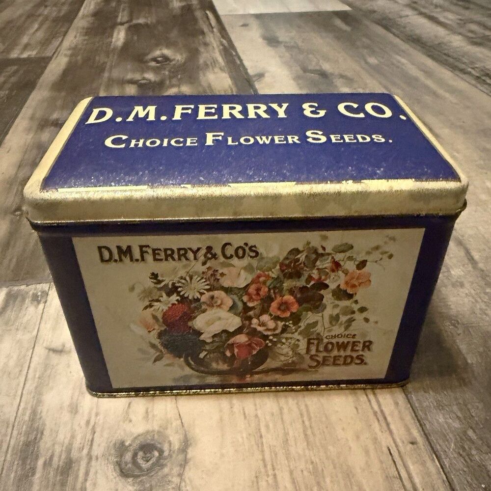 Vintage DM Ferry Flower Seeds Tin Blue Cottagecore Grandmillennial Boho Decor